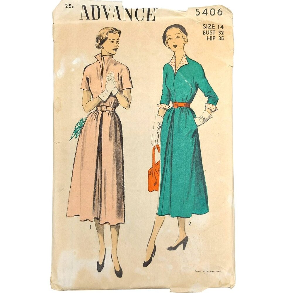 Vintage 1950s Advance 5406 Sewing Pattern Dress With Short Sleeves & Collar Size
